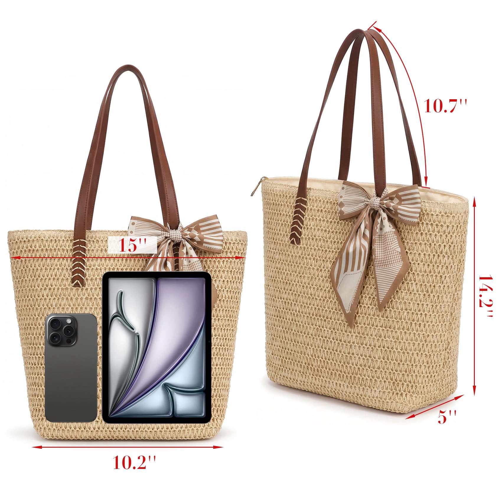 Summer Beach Crochet Bags for Women Knit&Straw Woven Tote Soft Fabric Boho Shoulder Bag for Vacation Shopping