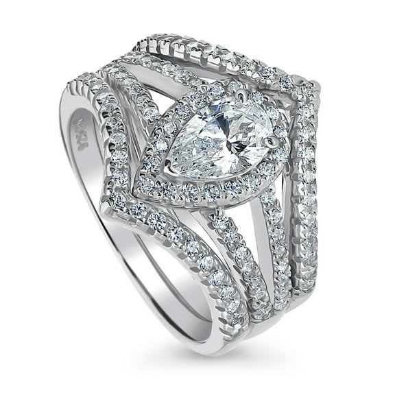 BERRICLE Sterling Silver Halo Wedding Engagement Rings Pear Cut Cubic Zirconia CZ Wishbone Split Shank Ring Set for Women, Rhodium Plated Size 6