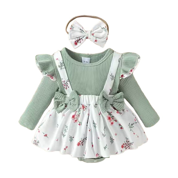 Akiihool Baby Girl Fall Outfits Newborn Baby Girl Ruffle Romper 0 3 6 Months Infant Long Sleeve Zipper Jumpsuit Going Home Outfits Fall Winter Clothes Green,9-12 Months