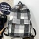 thumbnail image 3 of Mochila de felpa a cuadros para mujer, mochila de lana de cordero de gran capacidad, bolsa de compras de viaje (negro), 3 of 9