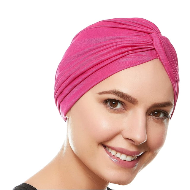 Beemo Womens Swim Cap Bathing Turban-Polyester Twisted Pleated Turban Head Cover - Hot Pink