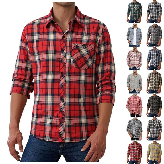 BiZtdJrK Mens Casual Plaid Shirts Lightweight Button Down Long Sleeve Blouse Tops Work Shirt with Pockets Fall Clothes, Pink, L