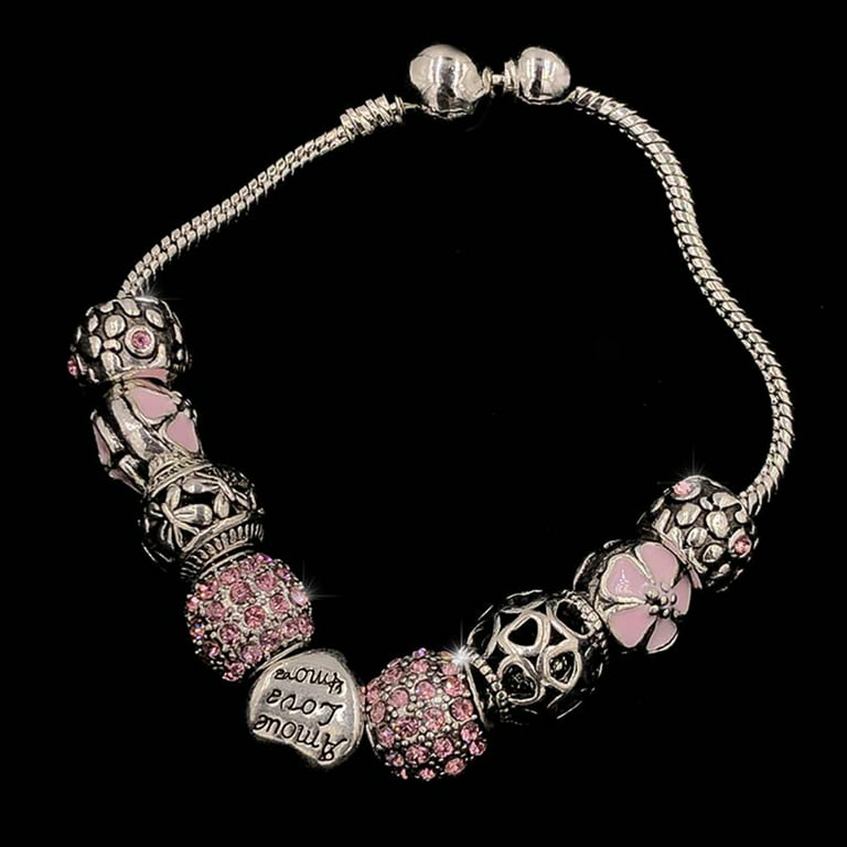 Dress Choice Pink Hearts Bracelet Glass Beads Charm Bracelet Enameled Heart  Silver Plated The World of Love Charm Bracelet European Style Snake Chain  Bracelet Gifts for Teen Girls 