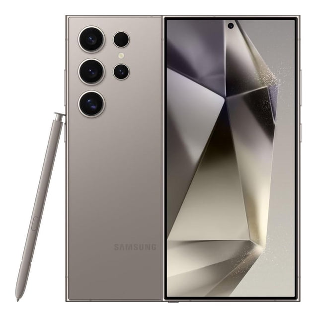 smartphone samsung galaxy s24 ultra 12gb ram 256gb rom gris desbloqueado vista frontal y trasera con S Pen; pantalla plana AMOLED 2X de 6.8" con fondo geométrico, acabado gris titanio mate, módulo trasero con cuatro lentes (incluye 200MP) y sensor adicional, bordes rectos y logotipo Samsung en la parte trasera. También apto para edición y gestión de contenido móvil.