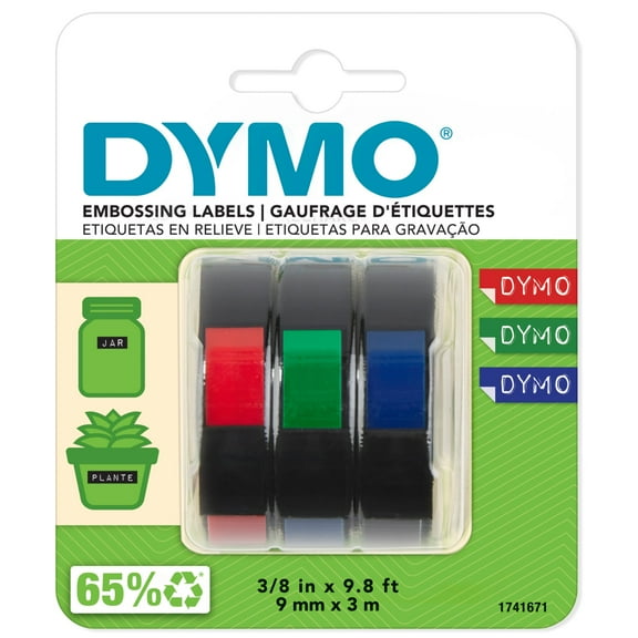 DYMO Self-Adhesive Embossing Labels, 3/8-Inch x 9.8-Foot Roll, Assorted Colors, 3 Pack