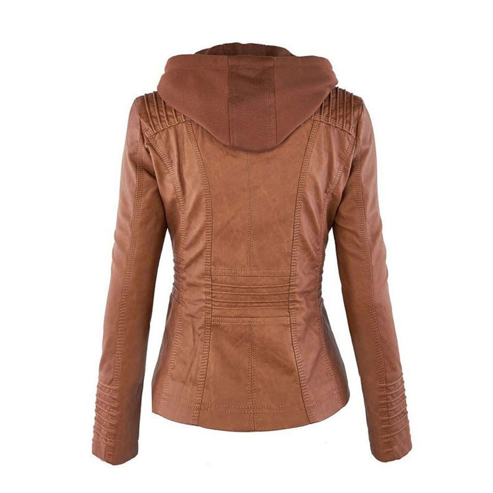 IROINNID Women's Faux Leather Jacket Hooded Long Sleeve Casual Biker Zip Up Jacket,Brown