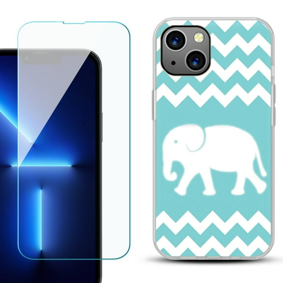Slim-Fit Gel TPU Phone Case for iPhone 14, with Tempered Glass Screen Protector, by OneToughShield ® - Chevron/Elephant