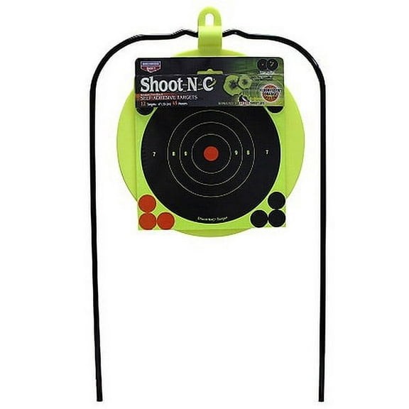 BIRCHWOOD CASEY Ground Strike Hanging Plate Resealable Target Kit for Shooting - Durable Long-Lasting Highly Visible Yellow 8" Plate Self-Healing Target Rated for .22 Caliber & Up