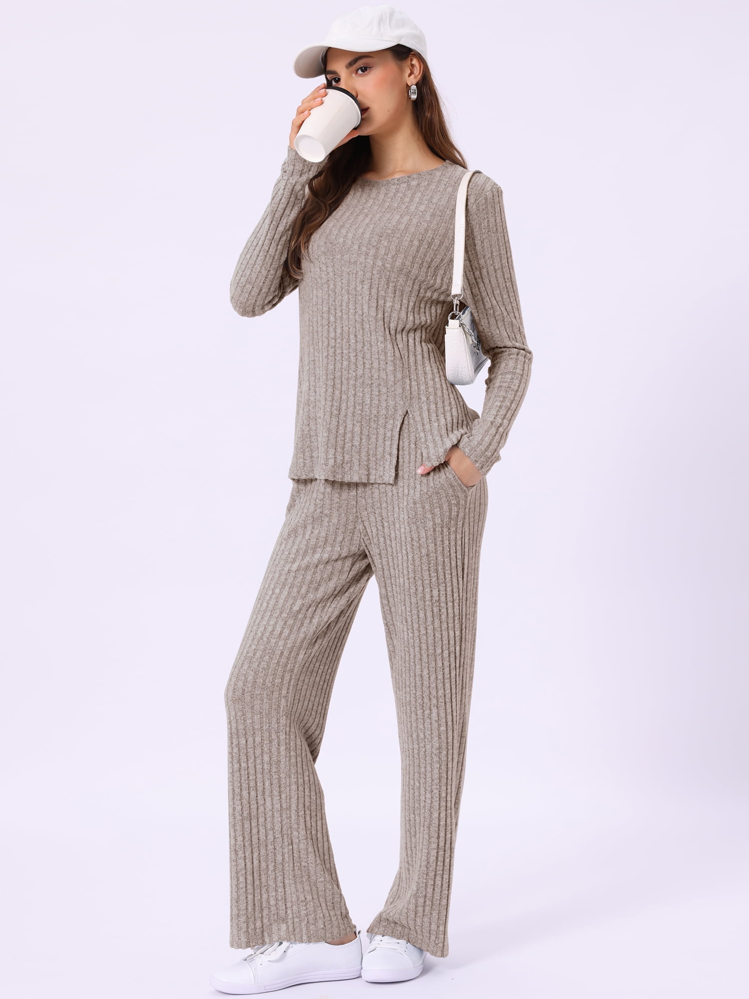 DARING DIVA Women's Knit Long Sleeve Ribbed Sleepwear Soft Crewneck Sets XS Brown