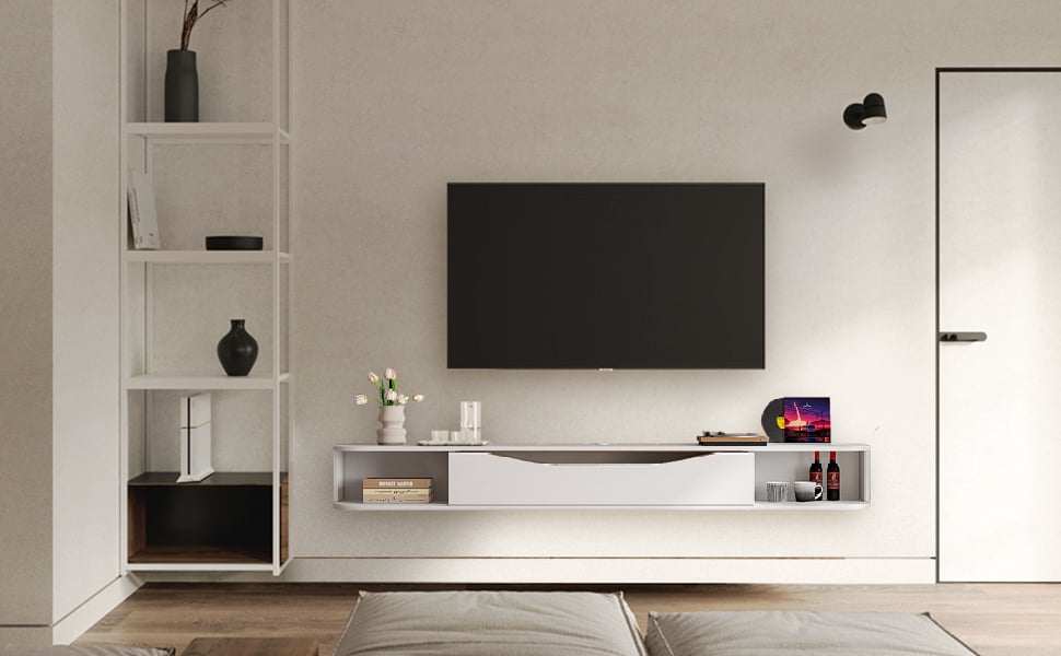 FloatiCasa 55" Floating TV Stand Wall Mounted TV Console for TVs up to 60" Entertainment Center Floating TV Shelf(White)
