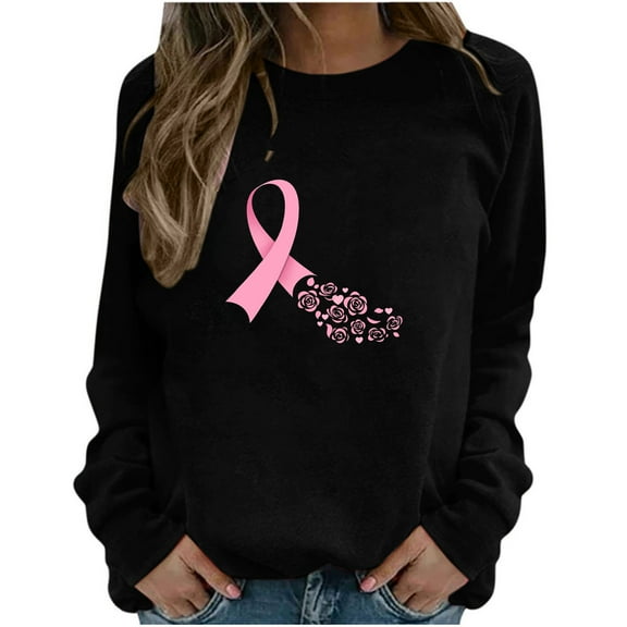 Homenesgenics Breast Cancer Awareness Shirts Plus Size for Women and Men Fashion Women's Casual Long Sleeve Round Neck Printed Ladies Sweatshirt Tops Blouse Sweatshirts Black XXL