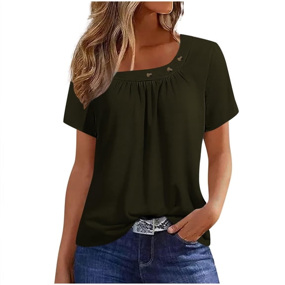 Staron Summer Casual Blouse for Women Short Sleeve Round Neck Button Down Shirt Solid Color Pullover Top, Army Green S