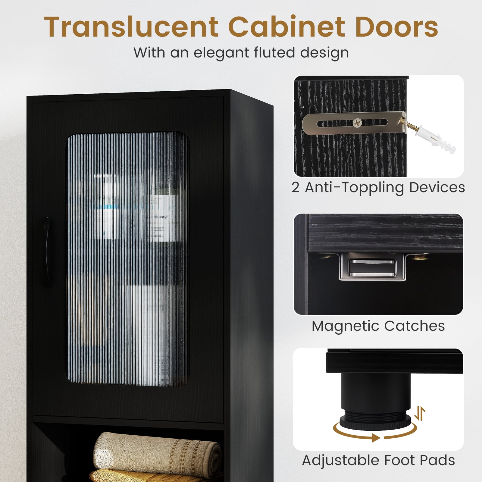 Costway Bathroom Cabinet, Slim Floor Storage Cabinet with 2 Fluted Doors,4 Rubber Feet Black