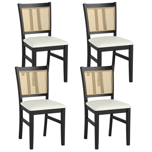 Costway Farmhouse Rattan Dining Chair Set of 4 Fabric Upholstered Kitchen Chairs