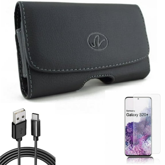 Screen Protector w 6ft USB Cable w Case Belt Clip for Samsung Galaxy S20 Plus - Tempered Glass [Fingerprint Unlock] 3D Curved Edge, Type-C Charger Cord Power, Leather Swivel fits Galaxy S20 Plus