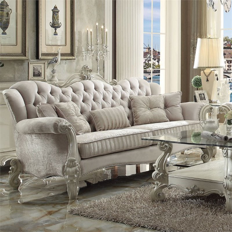 ACME Versailles Sofa with 5 Pillows in Ivory Velvet and