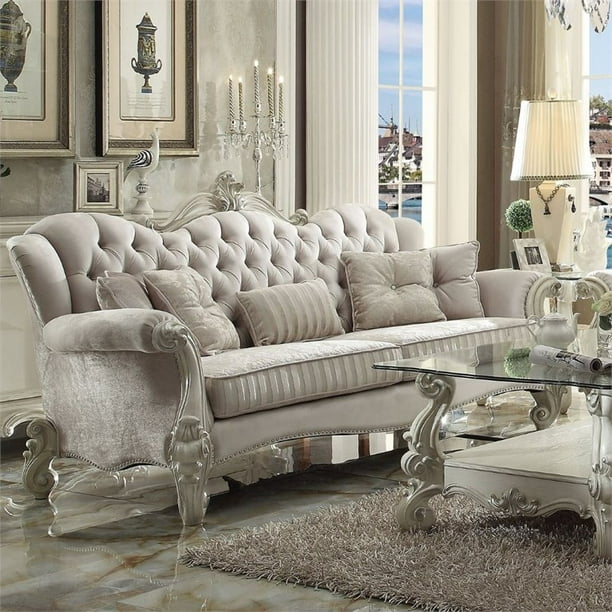 ACME Versailles Sofa with 5 Pillows in Ivory Velvet and Bone White