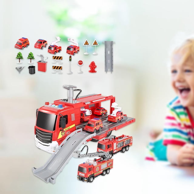 camión de extinción de incendios vehículos de juguete modelo de aprendizaje ruedas ensayo de situación para la protección contra incend estilo b Conjunto de juego en rojo con camión de bomberos grande frontal, rampas grises plegables, plataforma con escalera, vehículos de bomberos pequeños, señalización vial y accesorios; ruedas libres. Tamaño desplegado 50x17x20 cm.