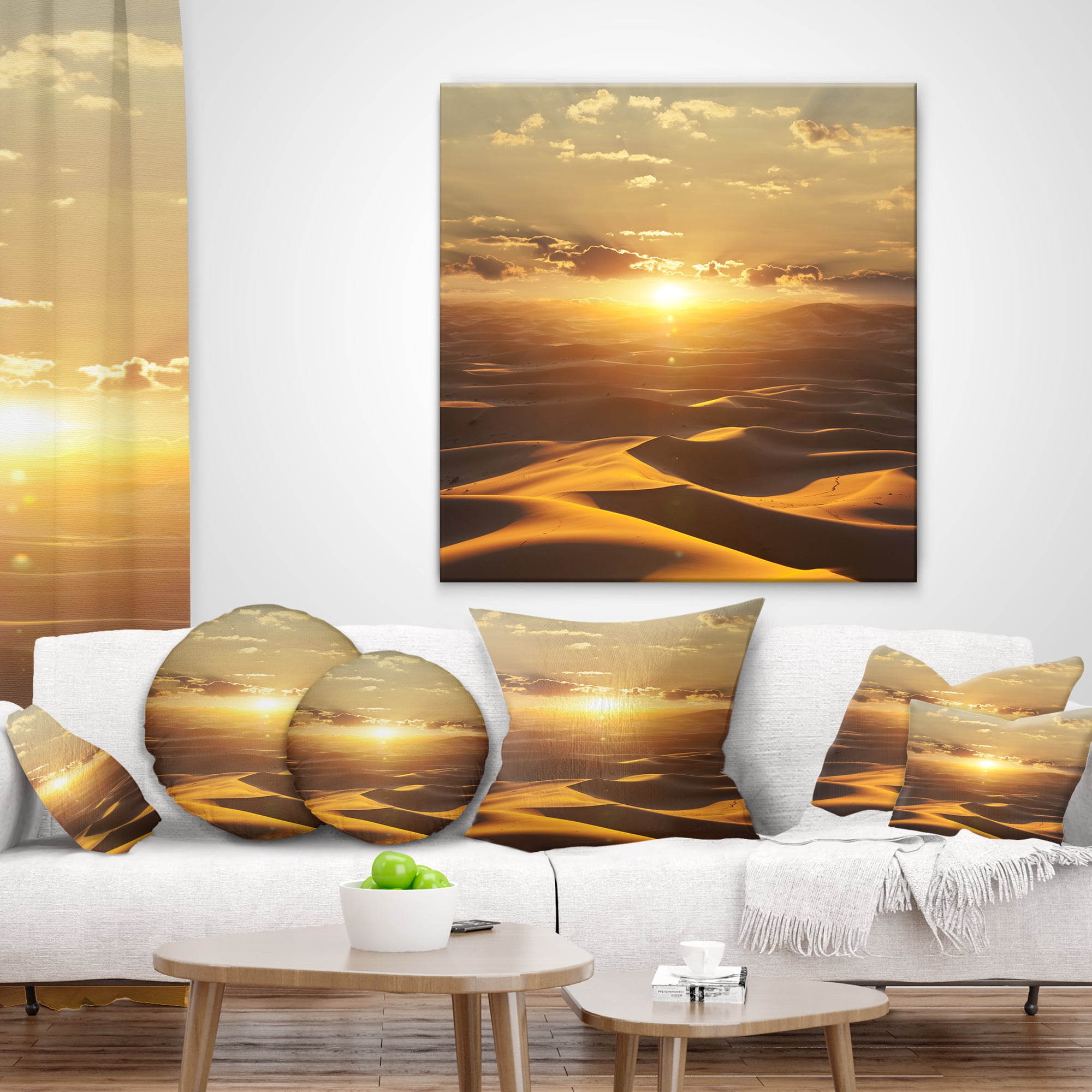 Designart Evening Sahara Desert with Sunlight - Landscape Printed Throw Pillow - 18x18