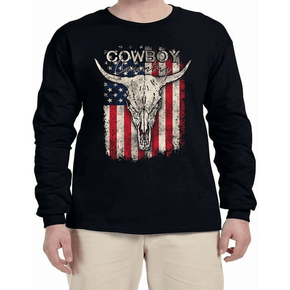 Cowboy American Flag Western Cattle Skull Wild West T-shirt Mens Graphic Tees Long Sleeve Tee Shirt