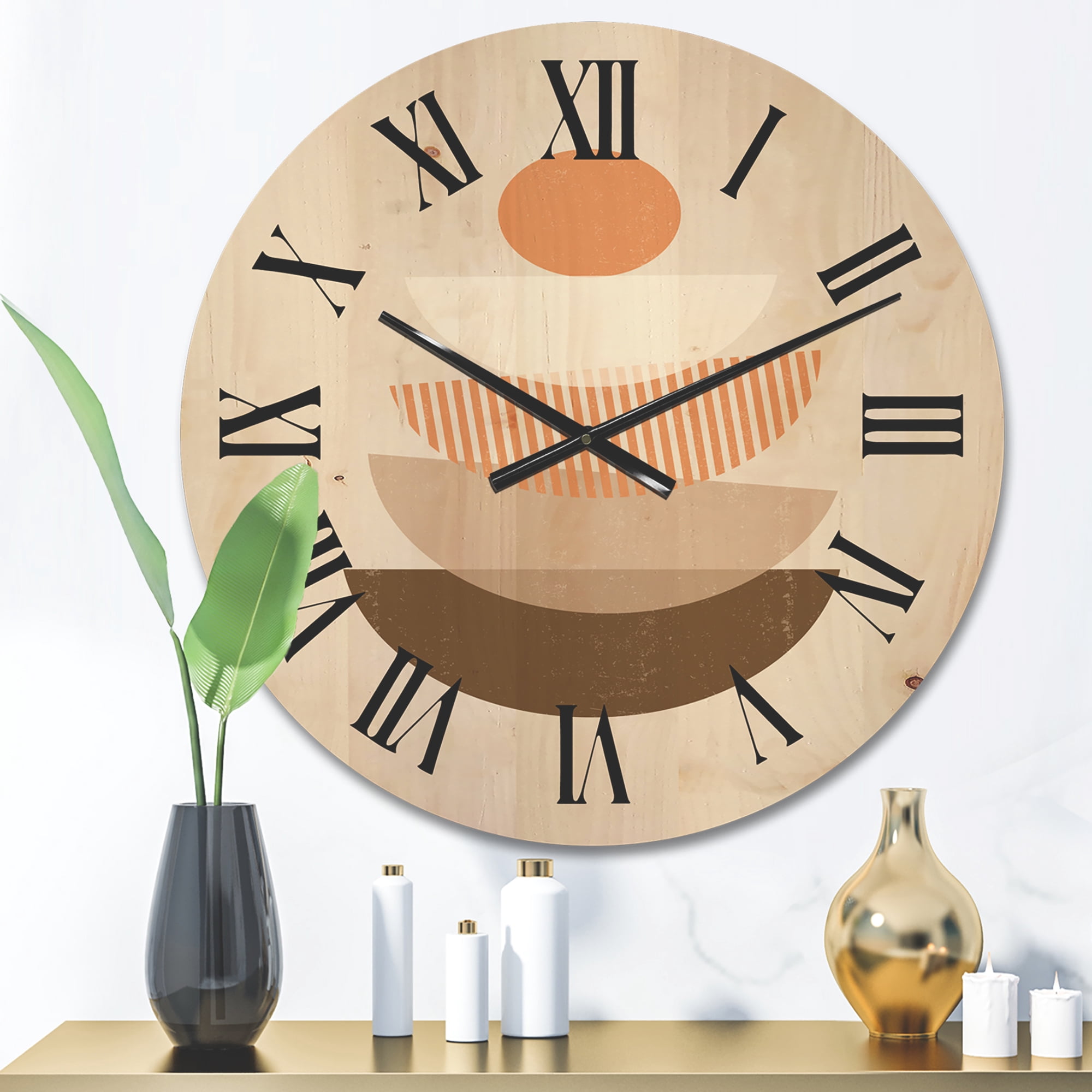 Designart 'Abstract Moon and Sun Geometrics In Terracotta I' Modern Wood Wall Clock