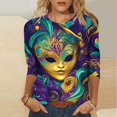 thumbnail image 1 of TIMIFIS Hauts de Mardi Gras pour Femmes Grande Taille, Chemises à Manches 3/4 Décontractées Col Rond Imprimé Carnaval T-Shirts de Vacances, 1 of 5