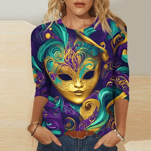 TIMIFIS Hauts de Mardi Gras pour Femmes Grande Taille, Chemises à Manches 3/4 Décontractées Col Rond Imprimé Carnaval T-Shirts de Vacances