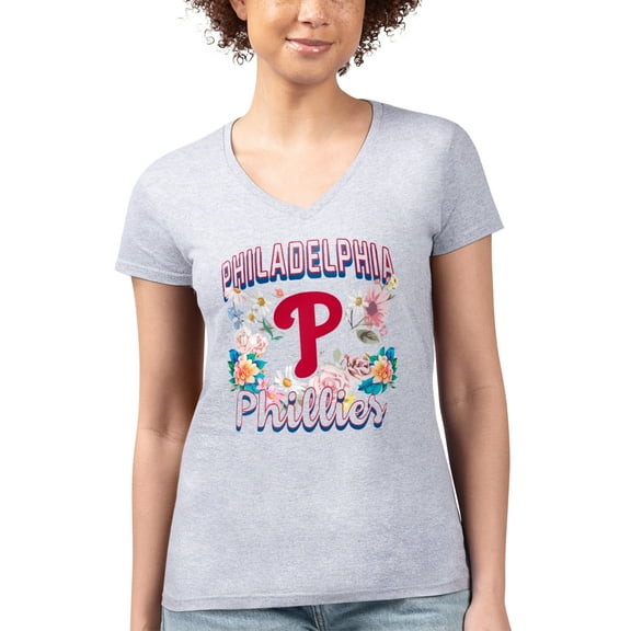 Women's G-III 4Her by Carl Banks Heather Gray Philadelphia Phillies Super-Slim Fit Lightweight Flowers Graphic V-Neck