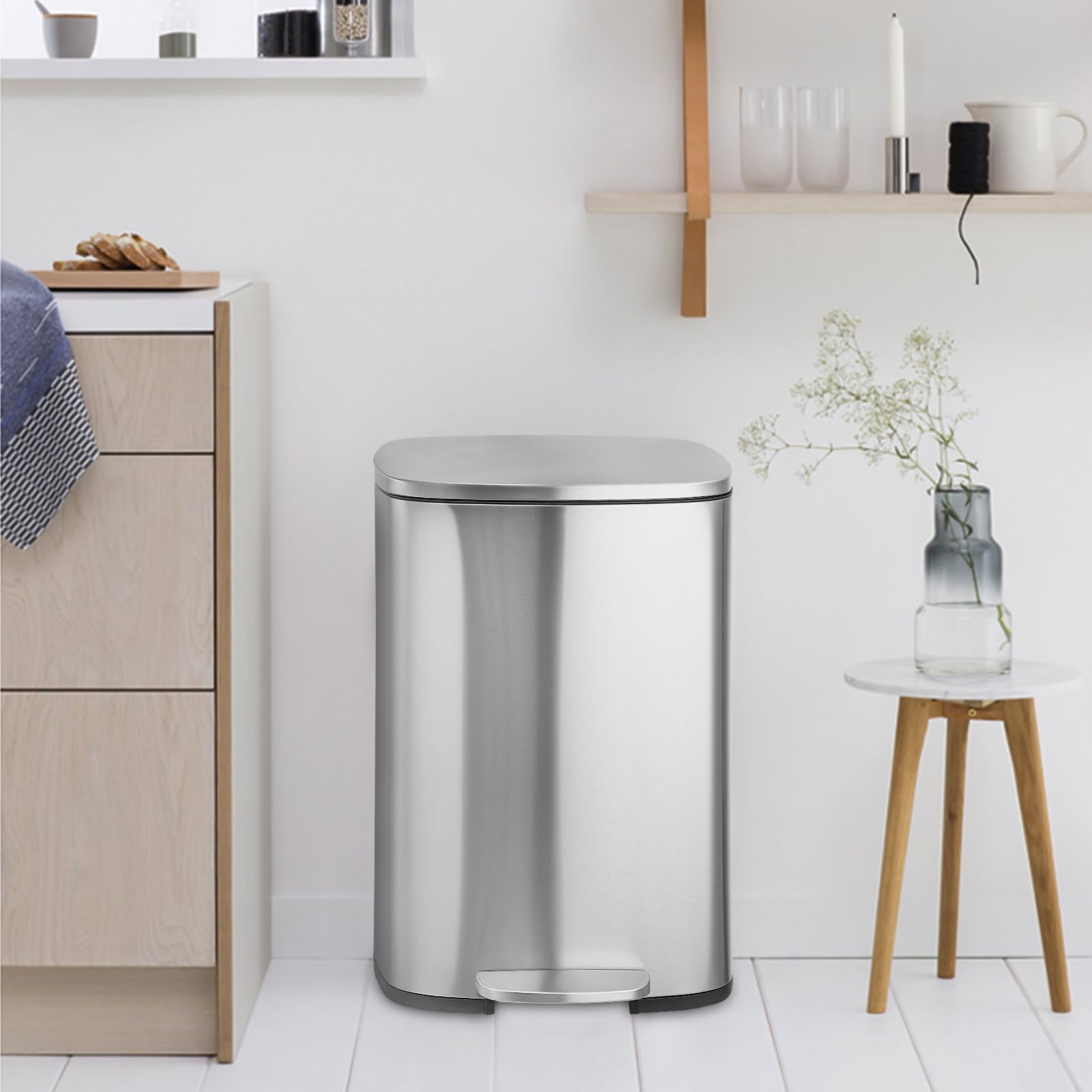 Kitchen Trash Can, Smudge Resistant Rectangular Garbage Can with Soft-Close Foot Pedal, Brushed Stainless Steel, 50 Liter/13 Gallon