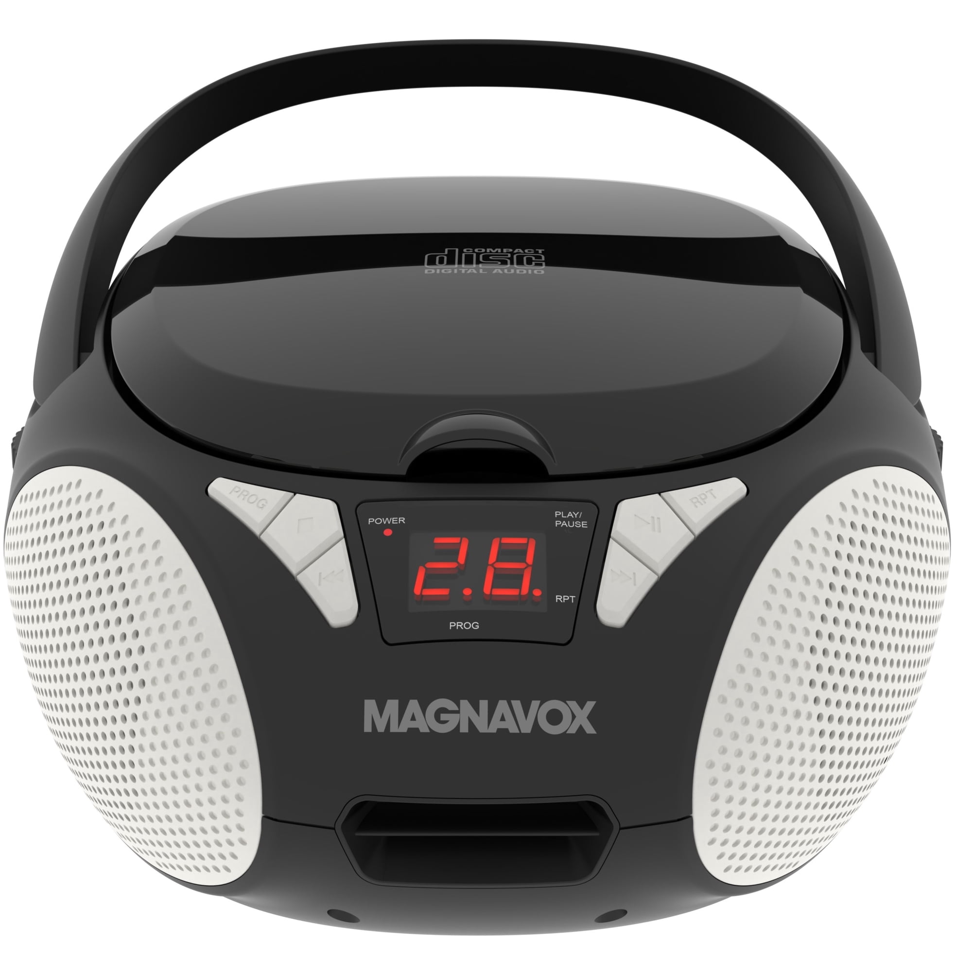 Magnavox 10-Watt Portable CD Cassette AM/FM Radio Boom Box with Aux, Telescoping Antenna, and Carrying Handle, AC/Battery Operation, MRCD6924 , Black