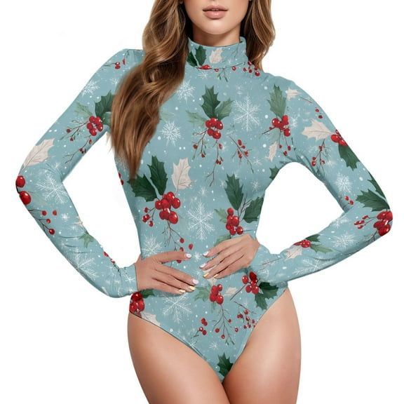 joogoo Snowflakes Christmas Berry Women's Mock Turtle Neck Long Sleeve Bodysuit L