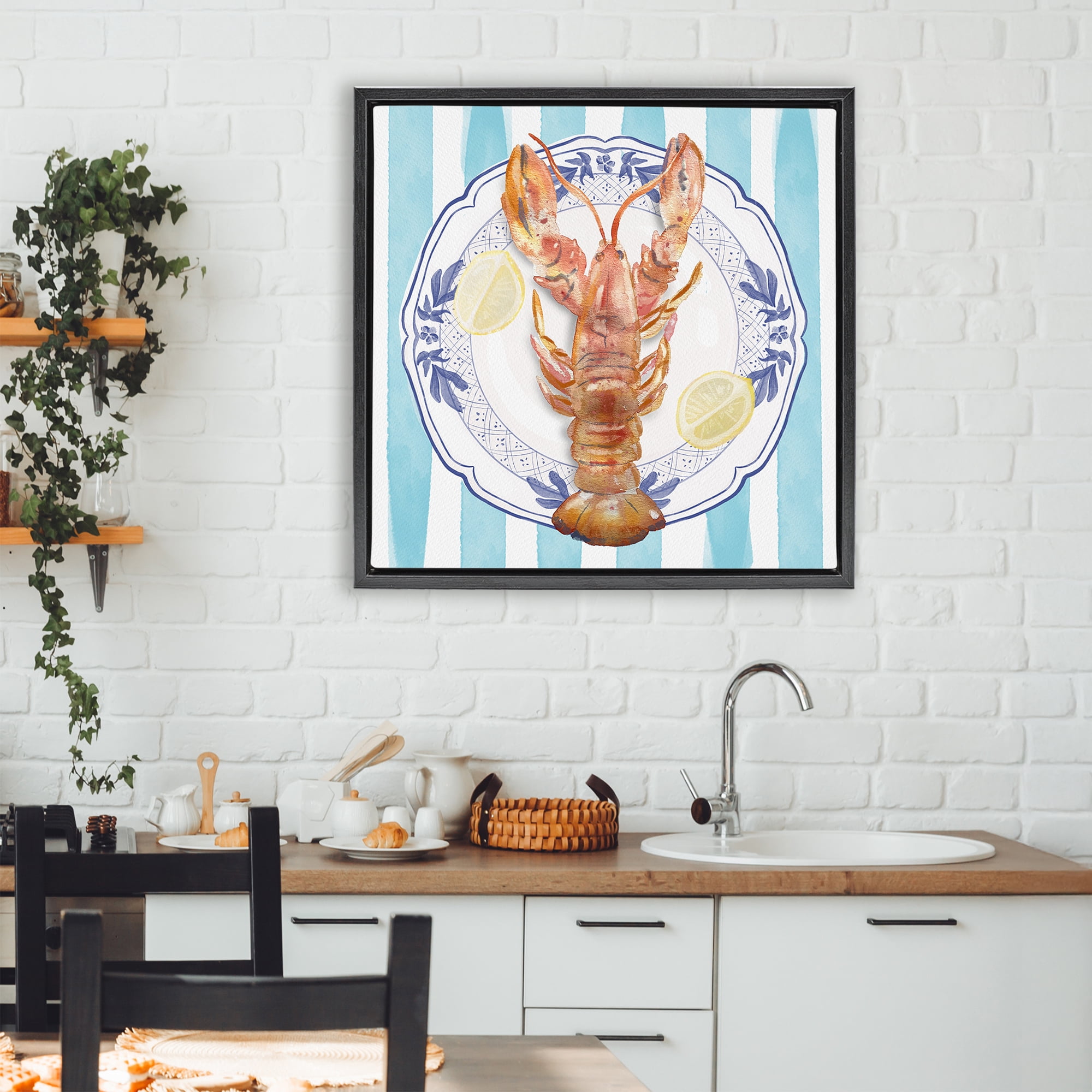 Stupell Industries Lobster Seafood Plate Black Framed Floater Canvas Wall Art, design by Christie Adams