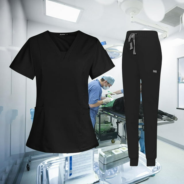 Ruiboury Ensemble de Blouse Médicale pour Femme Col en v Manches Courtes Lavables Noir P 1ensemble