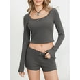 thumbnail image 2 of Liacowi Women’s Two Piece Pajamas Long Sleeve Lace Trim Crop Tops and Shorts Set Loungewear, 2 of 9