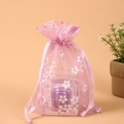 Rectangle Organza Drawstring Bags Embroidery Flower Pattern Flamingo 14x10cm