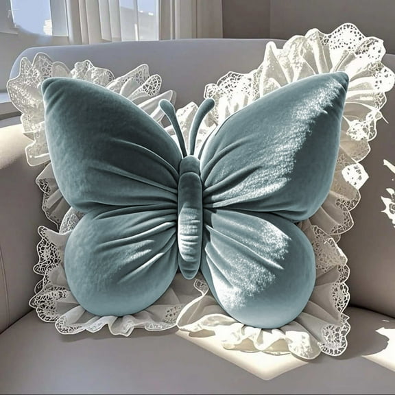 Butterfly Shaped Throw Pillow, Velvet Decorative Lumbar Cushion for Sofa Bed Office Chair Car Seat Support, Unique Housewarming Gift(Blue)