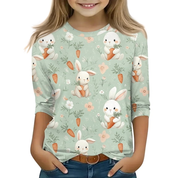 YOUYEDIAN Girls 3/4 Sleeve Easter Tops Kids 2026 Festival Cute Bunny Graphic Shirts Holiday Casual Funny Cotton Outfits (Mint Green, 11-12 Years)
