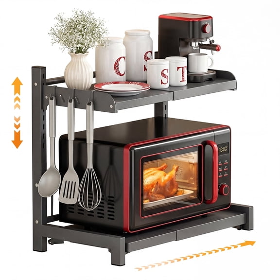 Towond Expandable Microwave Stand, 2-Tier Adjustable Shelf Countertop Organizer with Hooks for Kitchen Storage Black