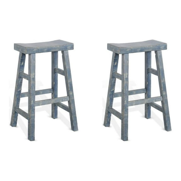 Pemberly Row 30" Mahogany Wood Saddle Seat Stool in Ocean Blue (Set of 2)