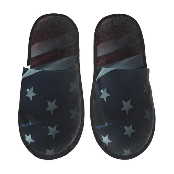 Balery American Flag Waving Print Pantuflas de Casa de Felpa Silenciosas con Diseño Estampado, Zapatillas Cómodas Antideslizantes de Algodón para Interior-Medium