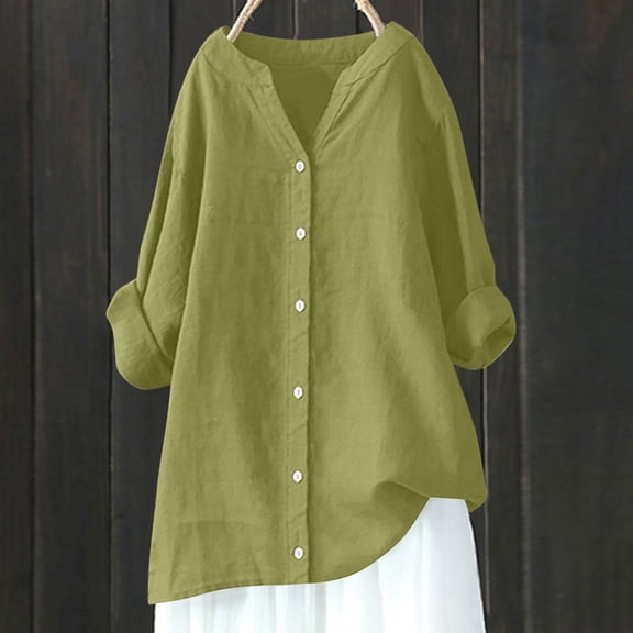 Juslio Blouses for Women Long Sleeve Shirts Button V Neck Casual Blouses Green L(US:8)