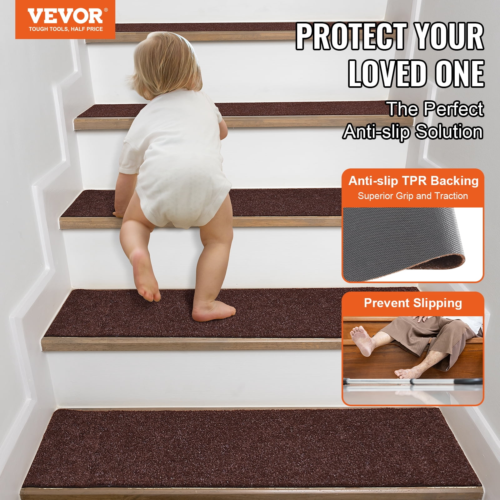 BENTISM Stair Treads 8" x 30" Stairs Carpet Non Slip 15 pcs Indoor Stair Runner for Wooden Steps, Anti Slip Carpet Stair Rugs Mats for Kids Elders and Dogs, Brown