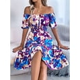 thumbnail image 6 of Women's Short Sleeve A Line Dresses Square Neck Flowy Floral Smocked Midi Dress for Casual Blue M, 6 of 10