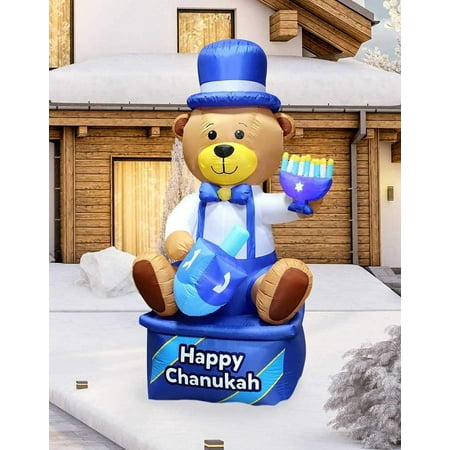 Zion Judaica Inflatable Hanukkah Yard Decorations 8' Bear Multi Blue Hanukah Indoor or Outdoor Lighted Decoration Built-in LED Lights Includes Air Blower Tie-down Stakes Chanukah Lawn Décor Blowup