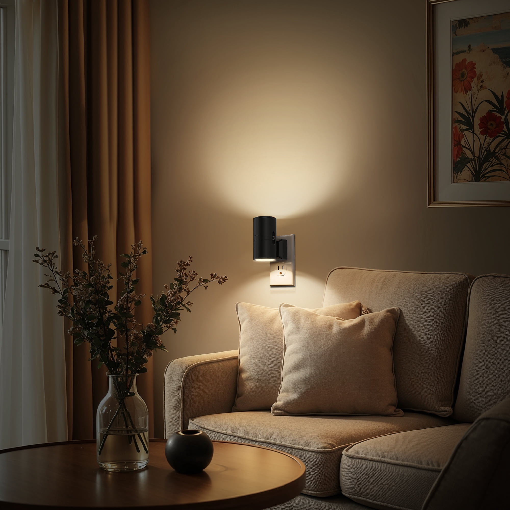 YANSUN 2-Pack Plug-in LED Night Light, Dimmable 3000K Warm White Cylinder Wall Sconce with Slide Switch, Space-Saving Design for Bedroom, Hallway