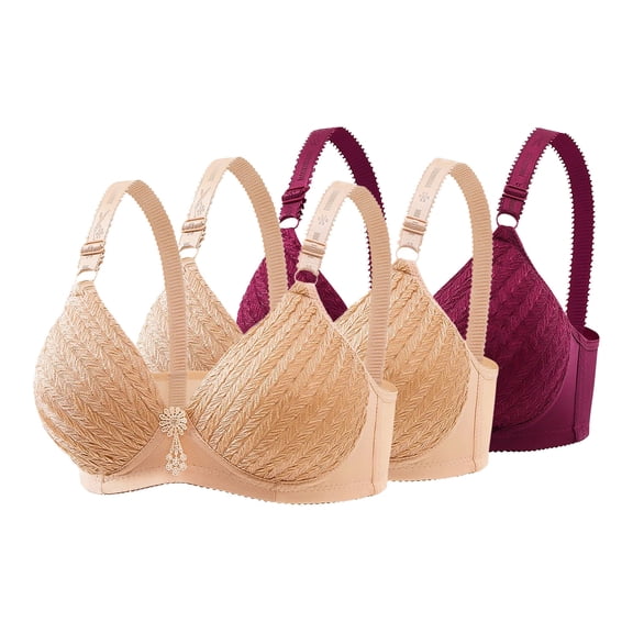 Fatuov Women's Comfort Bras Plus Size Seamless Soft Everyday Bras for Casual Push Up Embroidery Full Coverage Lace T-Shirt Bras No Underwire, 3-Pack, Wine, 38B
