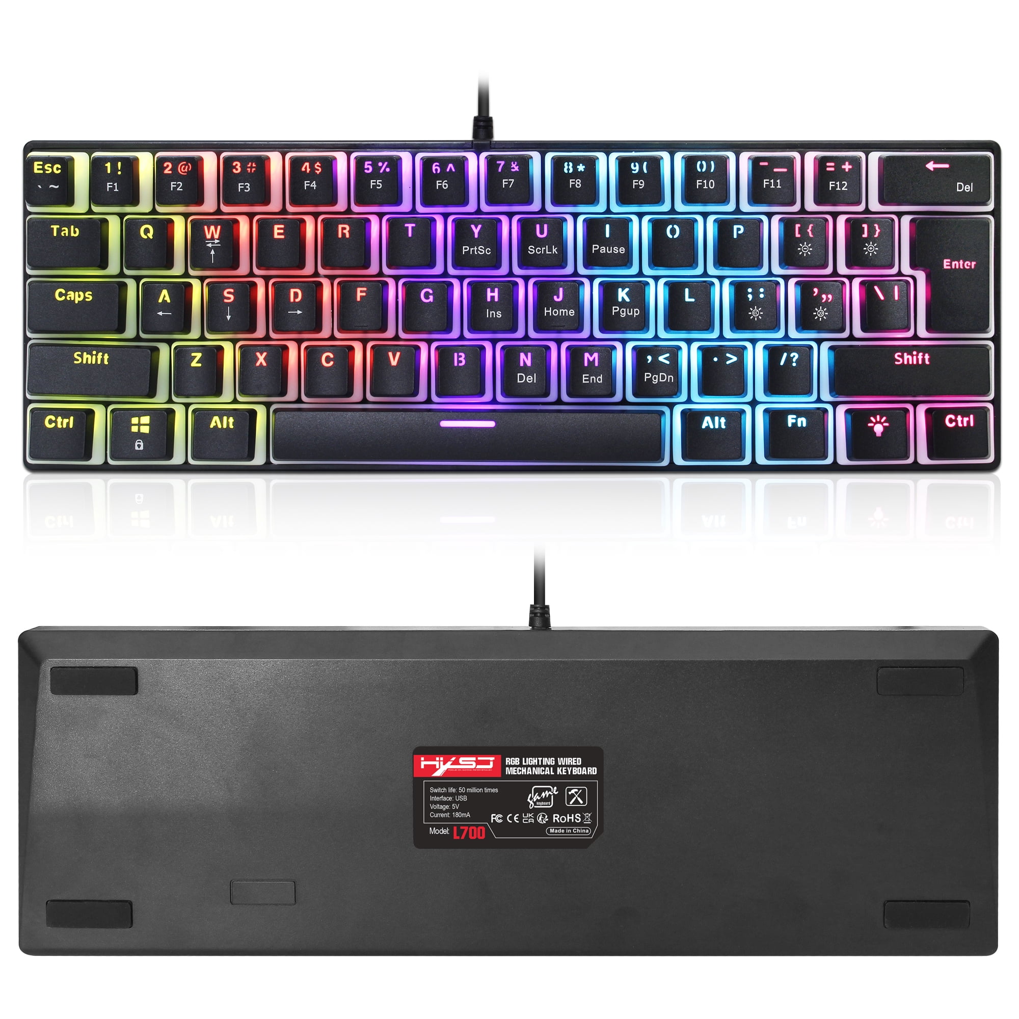 60% Wired Mechanical Gaming Keyboard,RGB Backlit Mini Keyboard with Blue Switch Keys,Waterproof Small Ultra-Compact 61 Keys Keyboard for PC/Mac Gamer,Typist,Travel