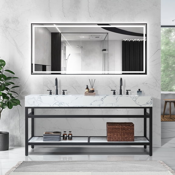 Ecija 72" Double Matte Black Metal Bath Vanity with Pandora White Composite Top