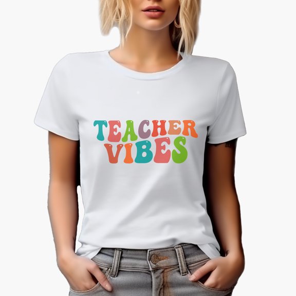 Teacher Vibes, School, Back-To-School or Teaching Themed, Groovy Retro Wavy Text Merch Gift, White T-Shirt, Small