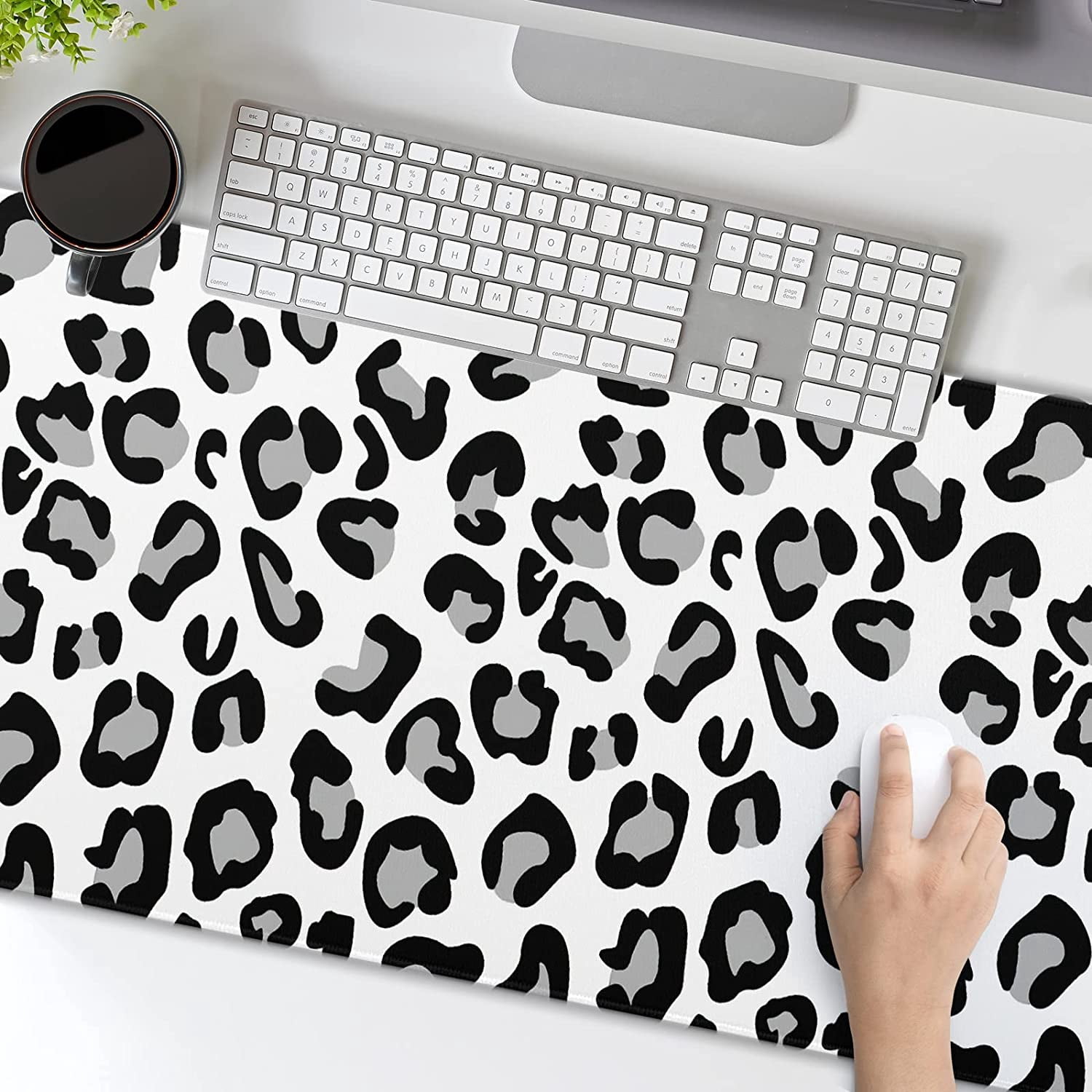 White Leopard Print Gaming Mouse Pad XL Cute Grey Cheetah Texture Extended Large Desk Cover Big Table Mat Non-Slip Rubber Base Stitched Edge Long Keyboard Playmat for Gamer,31.5×11.8 Inches